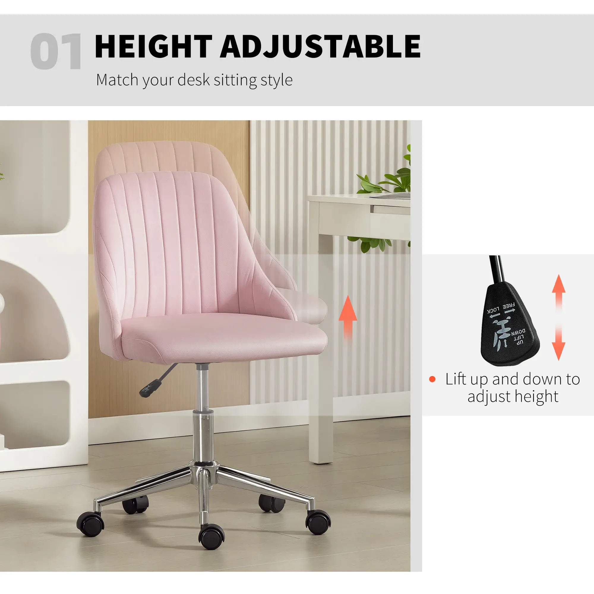 Velvet Makeup Chair, Adjustable Height, Swivel Wheels, Pink Task Chairs at Gallery Canada