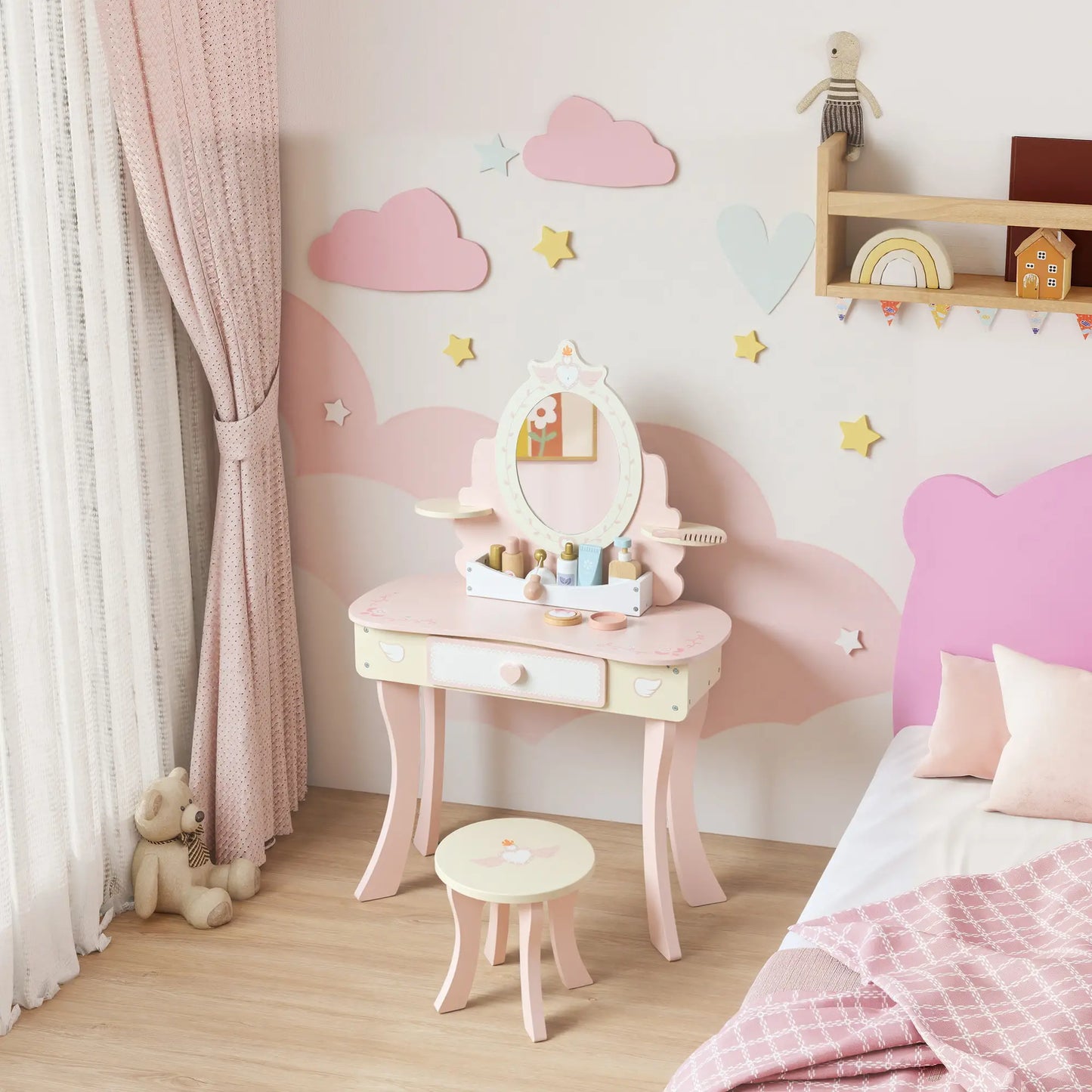 Kids Vanity Set with Mirror, Stool, 7 Accessories, Pink Toy Vanity at Gallery Canada