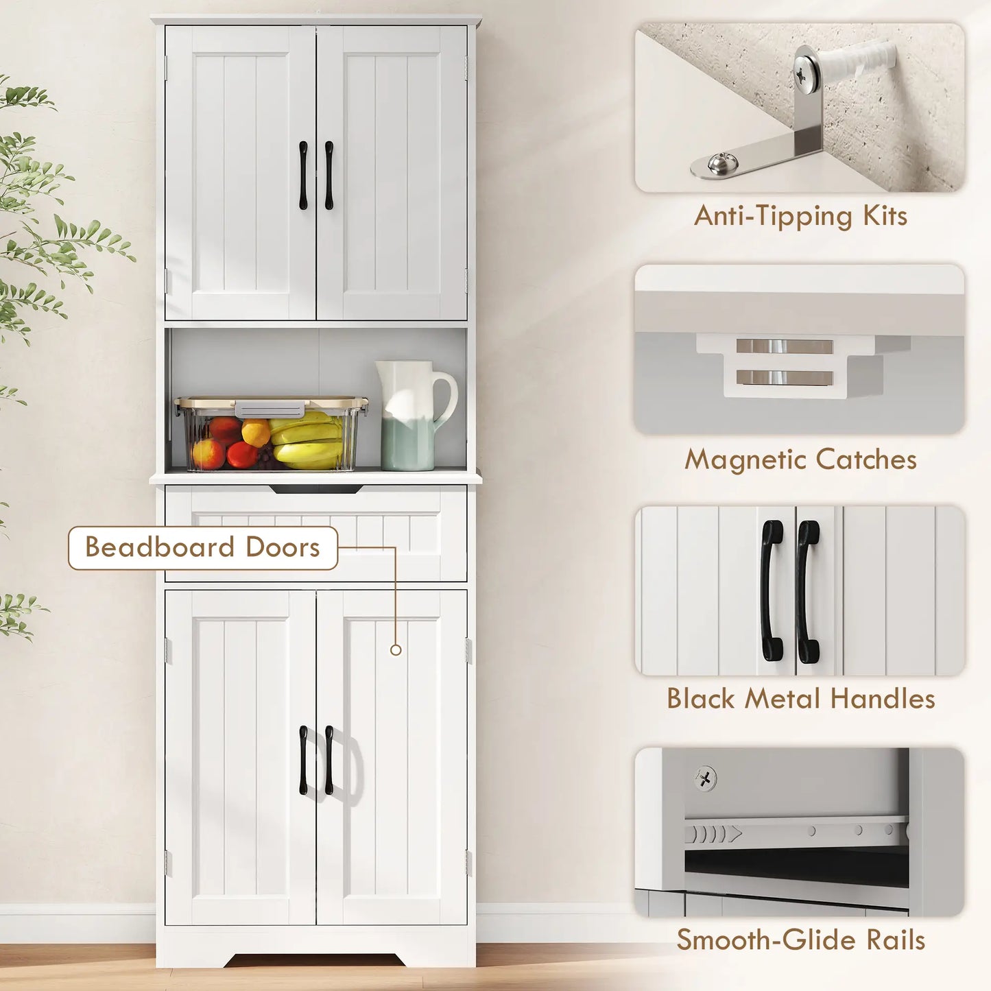 68" Tall Kitchen Buffet Hutch, 4 Doors, Drawer, Open Counter, White Kitchen Pantry Cabinets at Gallery Canada