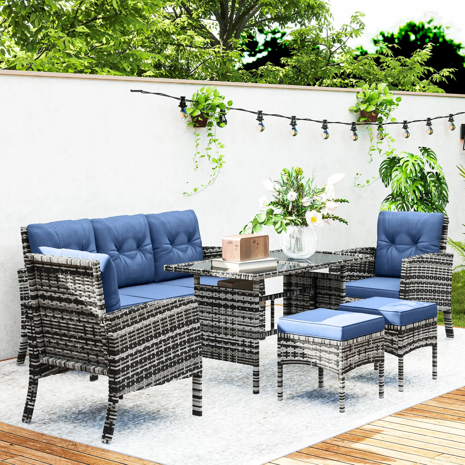 6 Piece Patio Set, Chairs, Ottomans, Sofa, Glass Table, Navy Blue Patio Furniture Sets at Gallery Canada