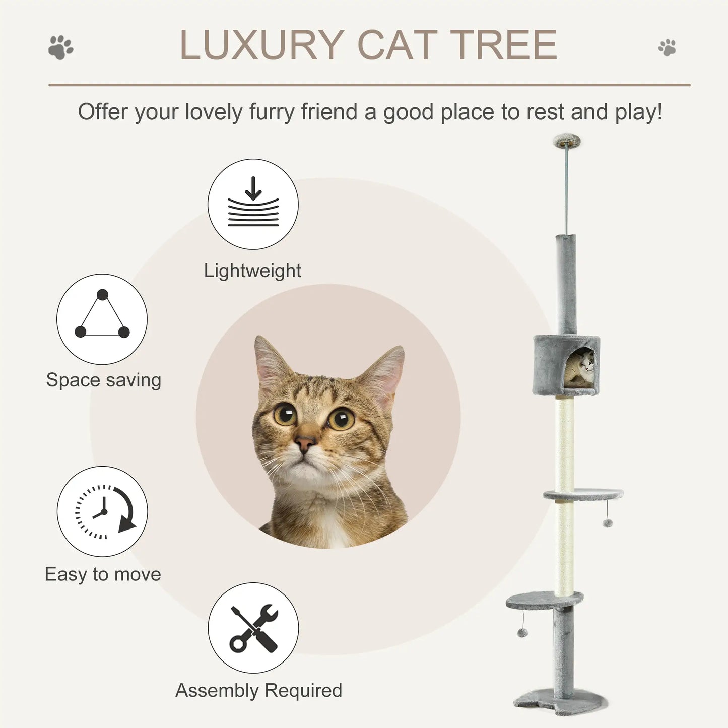 4-Tier Floor to Ceiling Cat Tree, Scratching Post, Plush, Toy Ball, Light Grey Floor to Ceiling Cat Trees at Gallery Canada