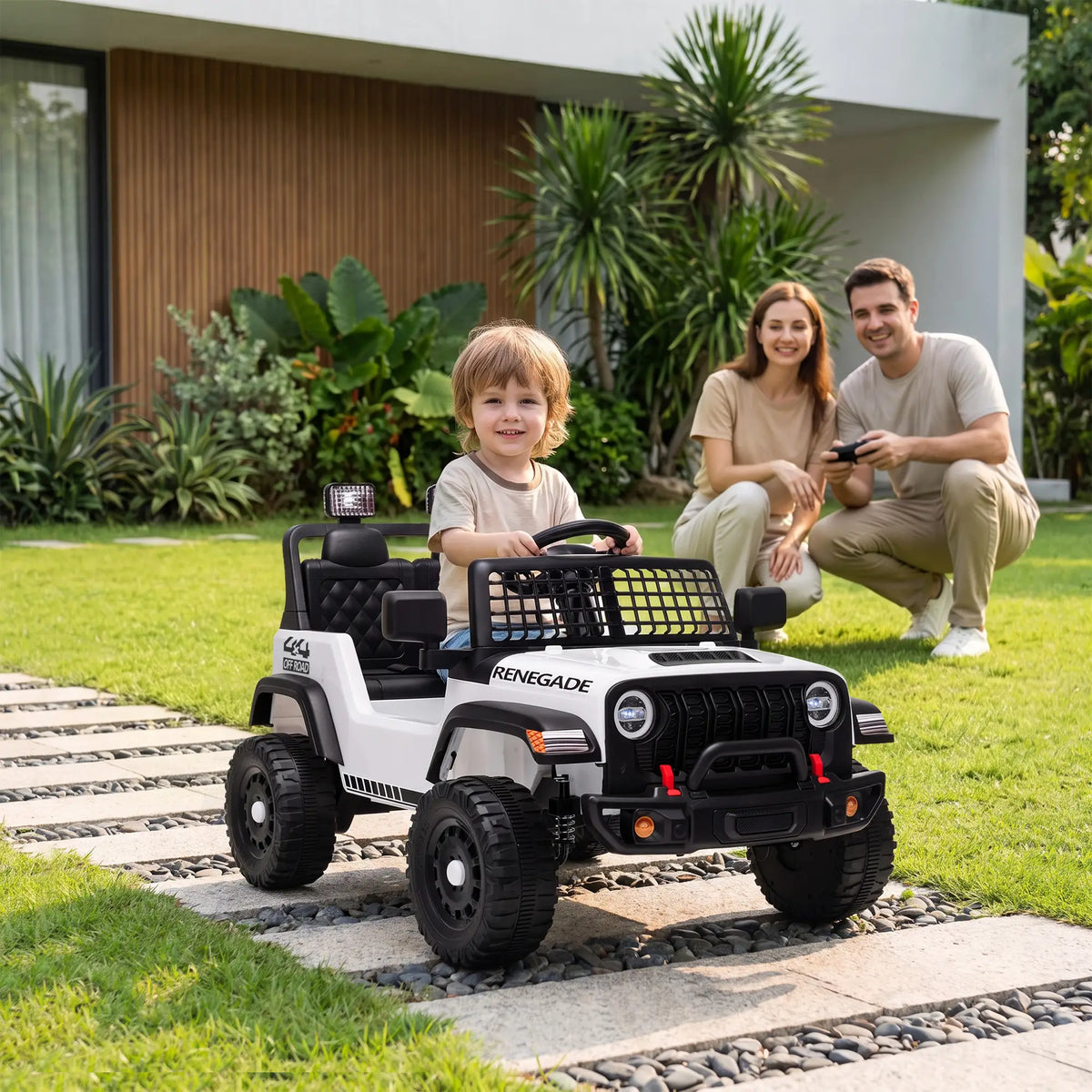 Camion auto électrique 12V, télécommande, démarrage progressif, 2-4 ans, Blanc
