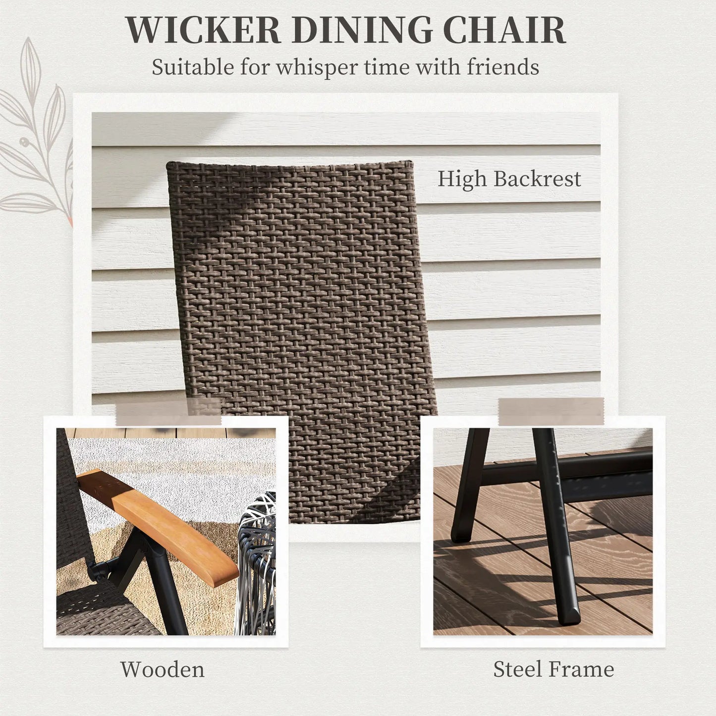 Folding Wicker Patio Dining Chair, 5-Level Reclining, Wooden Armrests, Brown Patio Chairs at Gallery Canada