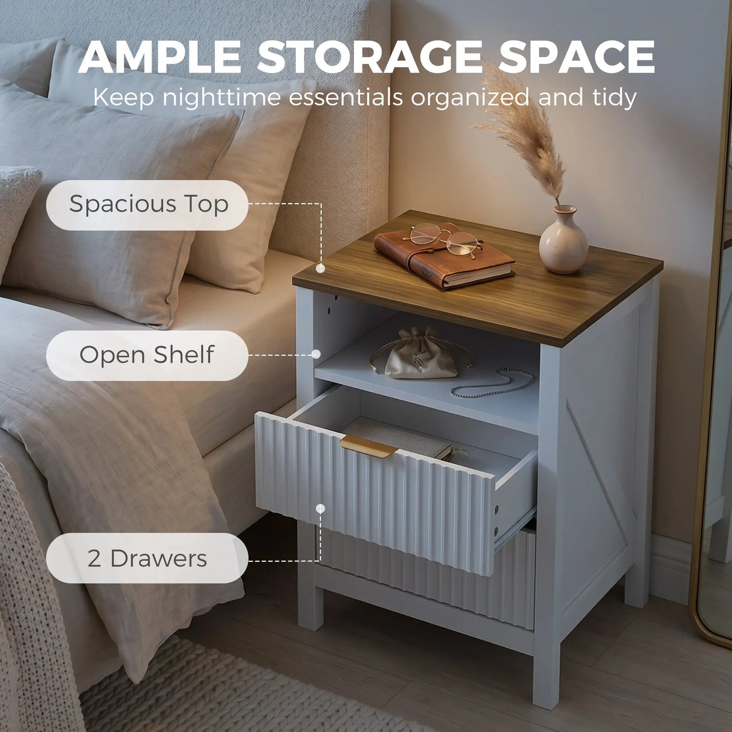 Nightstand With 2 Fluted Drawers, Open Shelf, Anti-Tipping, White Walnut, White Walnut