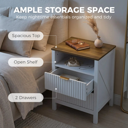 Nightstand With 2 Fluted Drawers, Open Shelf, Anti-Tipping, White Walnut, White Walnut