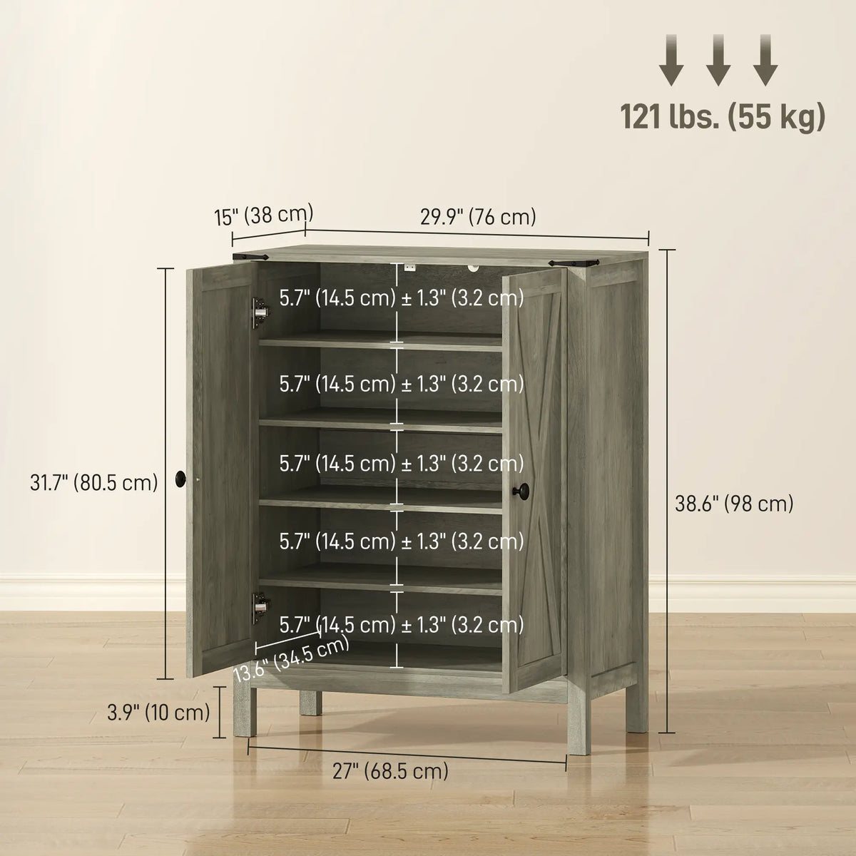 Shoe Cabinet With Barn Doors, Adjustable Shelves, Holds 15 Pairs, Grey