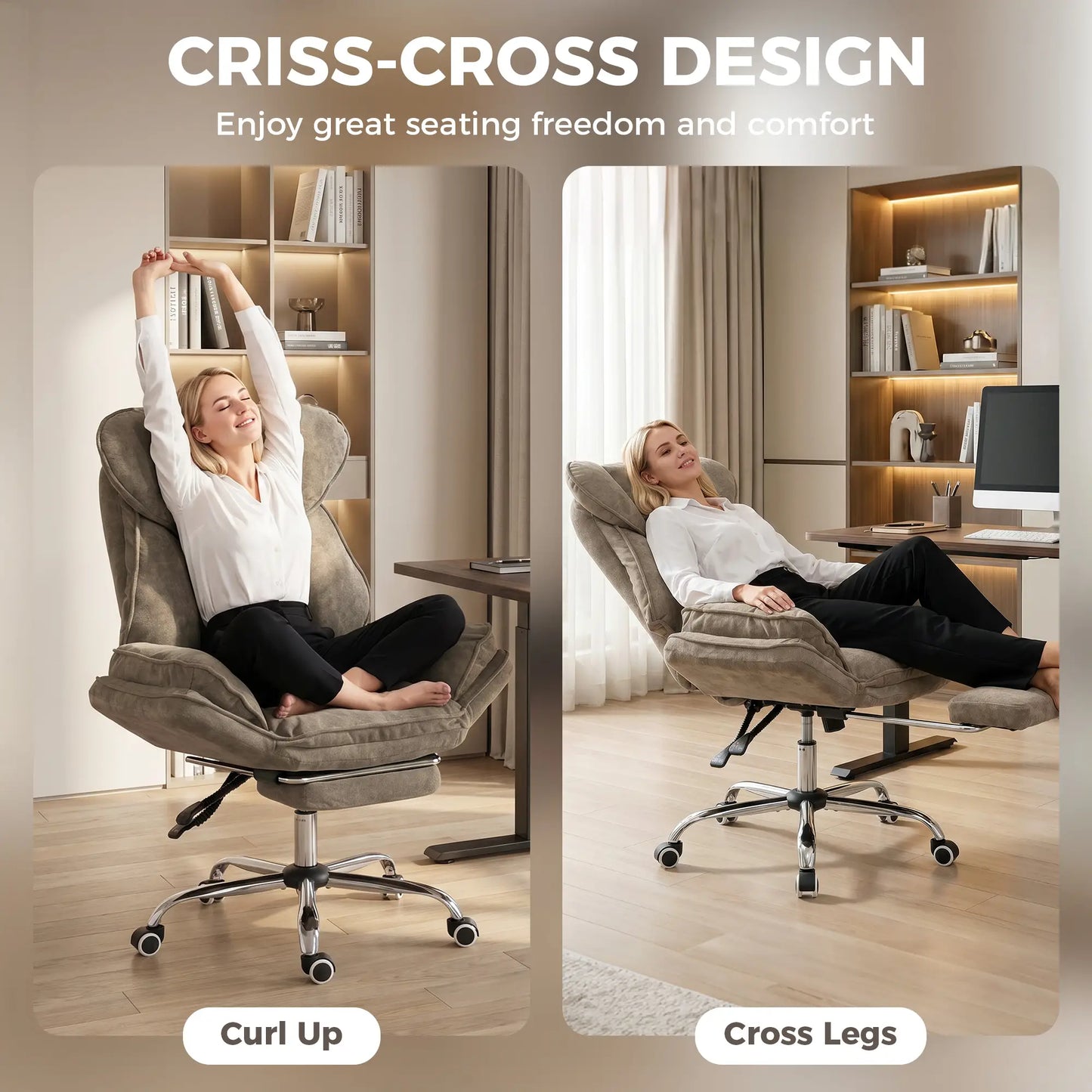 Criss Cross Chair With Wheels, Waterfall Armrests, Brown