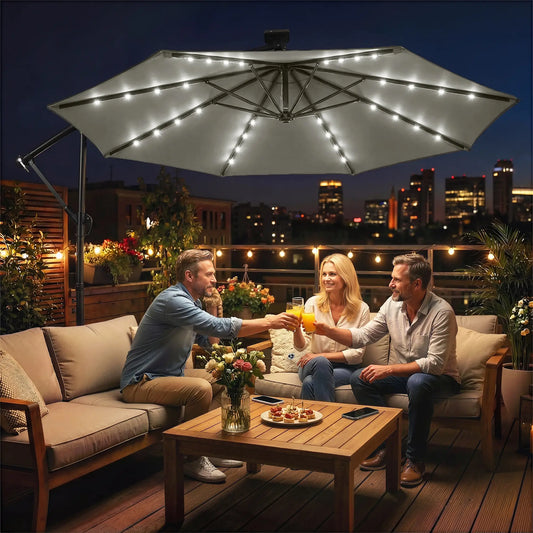9.7 ft Cantilever Patio Umbrella, Solar Light, Tilt Crank, Grey Offset Cantilever Umbrellas Grey, Black at Gallery Canada