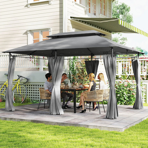 10' x 13' Double Roof Patio Gazebo, Outdoor with Curtains, Dark Grey