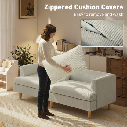 Canapé 3 places, 74" Canapé en velours côtelé, Pieds en bois massif, Beige