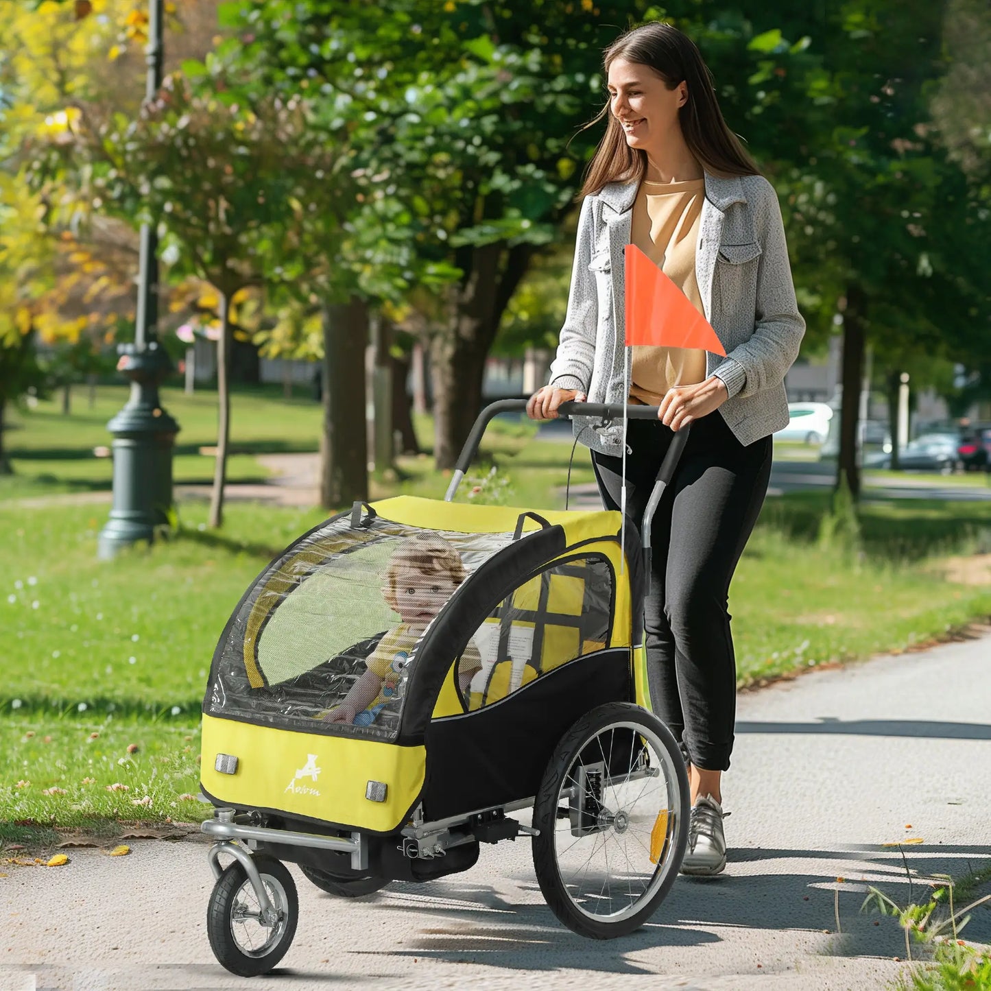 2-in-1 Bike Trailer, Foldable 2-Seat Stroller, 5-Point Harness, Yellow Kids Bike Trailers at Gallery Canada