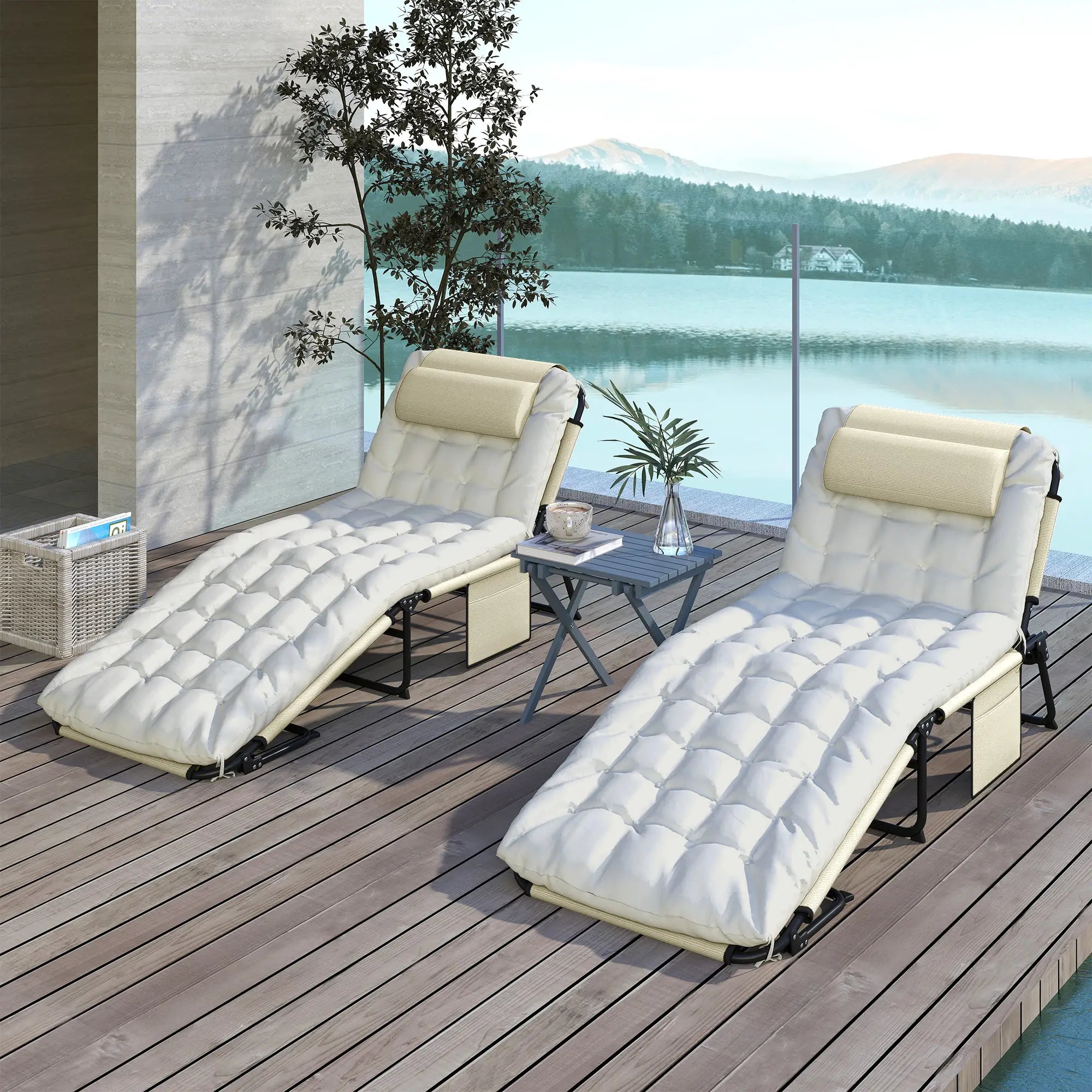 2-Piece Folding Lounge Chairs, Adjustable Backrest, Cushion, Side Pocket, Headrest, Beige Lounger Chairs at Gallery Canada