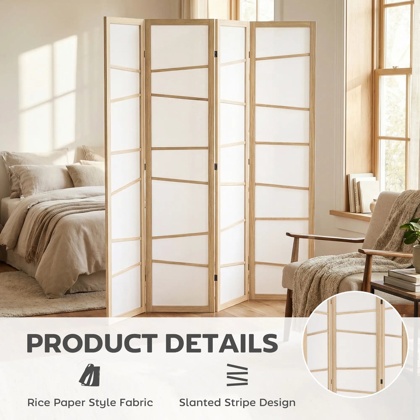 66.9" Folding Room Divider, 4 Panel Wood Frame, Natural Wood Room Dividers at Gallery Canada