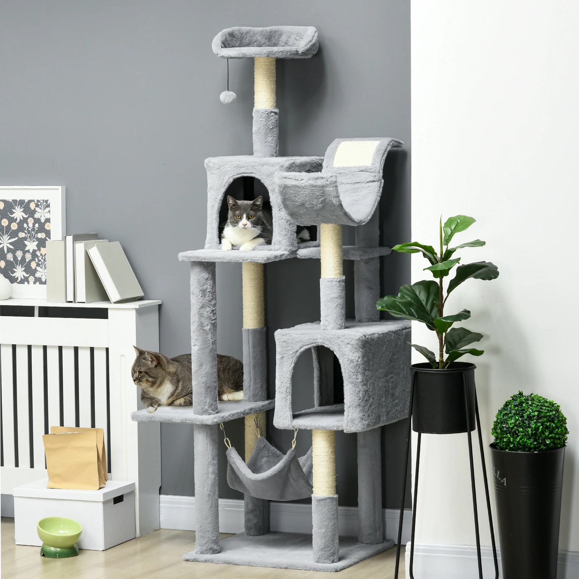 70" Tall Cat Tree, Multi-Level Tower with Hammock, Bed, Condo, Sisal Scratching Posts, Bluish Grey Cat Towers at Gallery Canada