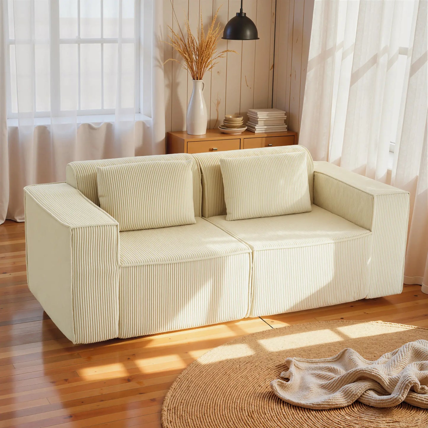 Boneless Couch, Corduroy 3 Seater Sofa, Deep Seat, Wide Armrests, Beige 3-Seater Sofas at Gallery Canada