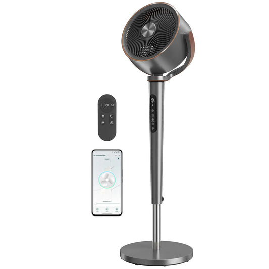 20dB Silent Standing Fan, Oscillating Fan with 12 Speeds, LED Light, WiFi &; Remote Control, 12H Timer Stand Fans Grey, Black, Silver at Gallery Canada