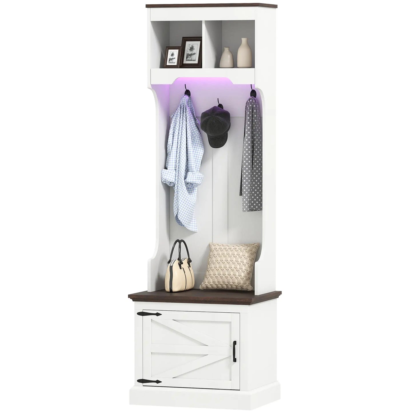 3-in-1 Hall Tree, LED Lights, Bench, Coat Rack, Shoe Storage, White Wood Grain, White Clothing Storage White Wood Grain with Light at Gallery Canada