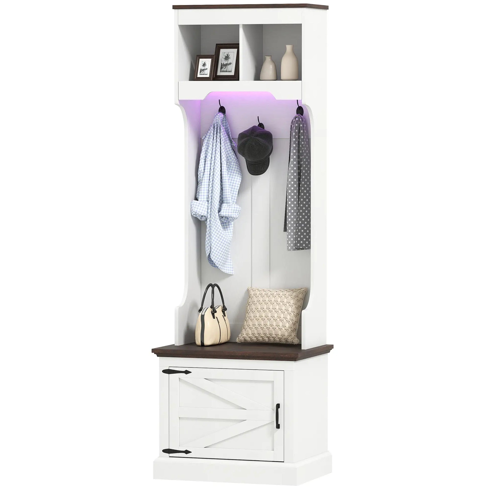 3-in-1 Hall Tree, LED Lights, Bench, Coat Rack, Shoe Storage, White Wood Grain, White Clothing Storage White Wood Grain with Light at Gallery Canada