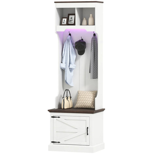 3-in-1 Hall Tree, LED Lights, Bench, Coat Rack, Shoe Storage, White Wood Grain, White