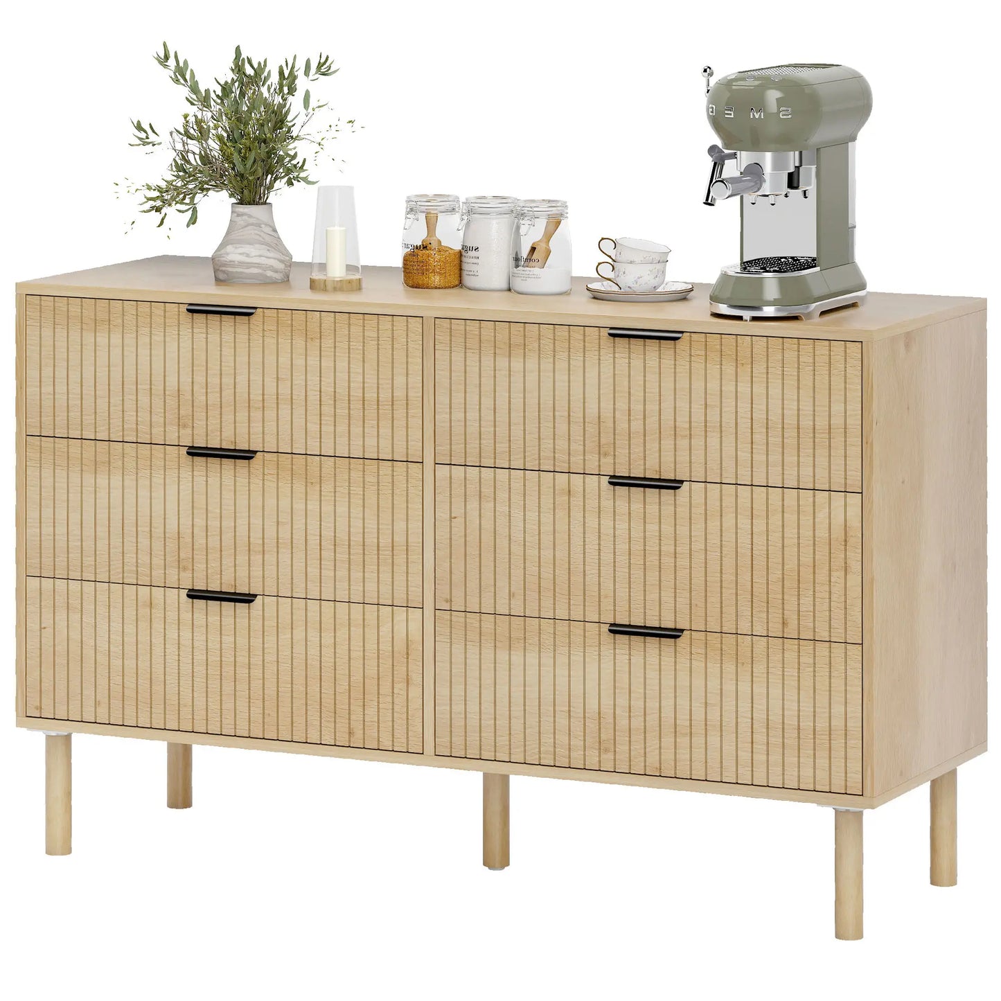 6 Drawer Dresser, Fluted Panels, Solid Wood Legs, Oak Storage Cabinets Oak at Gallery Canada