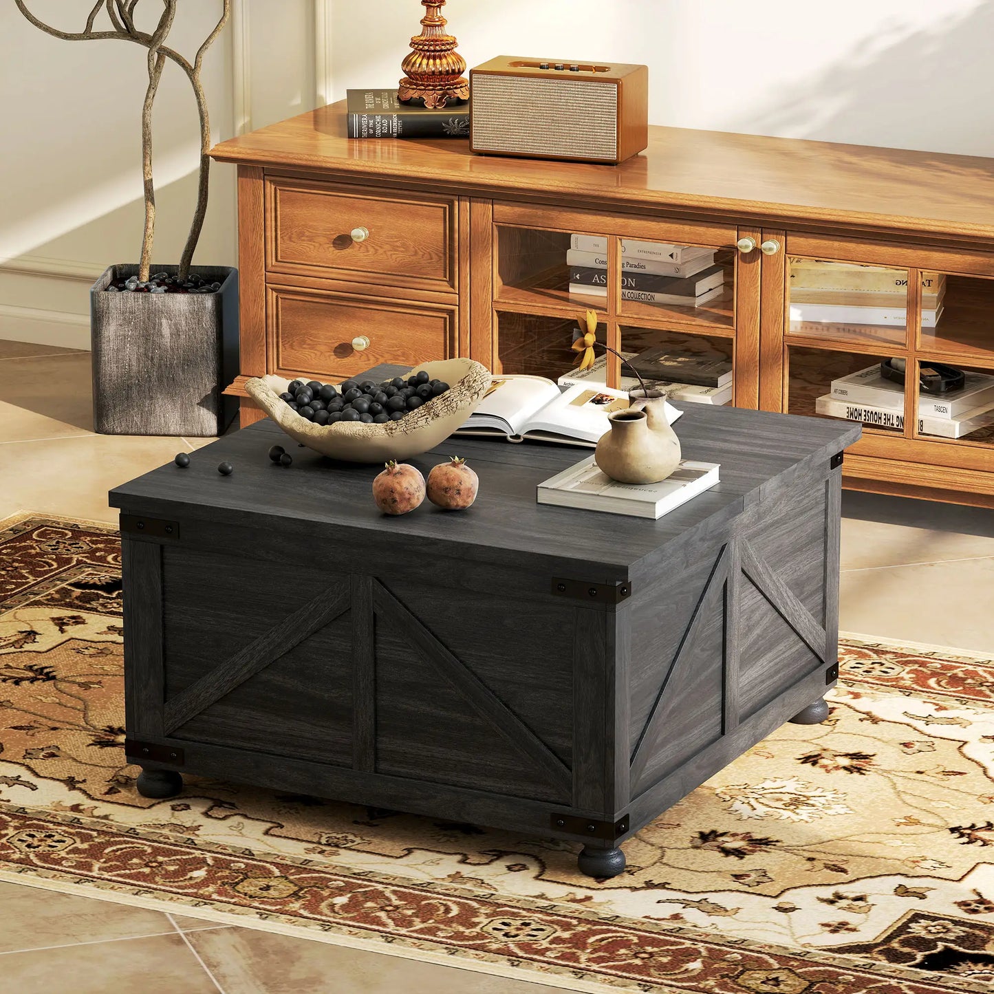 Lift Top Coffee Table, 32" Farmhouse Style, Hidden Compartment, Black Wood Grain, Black