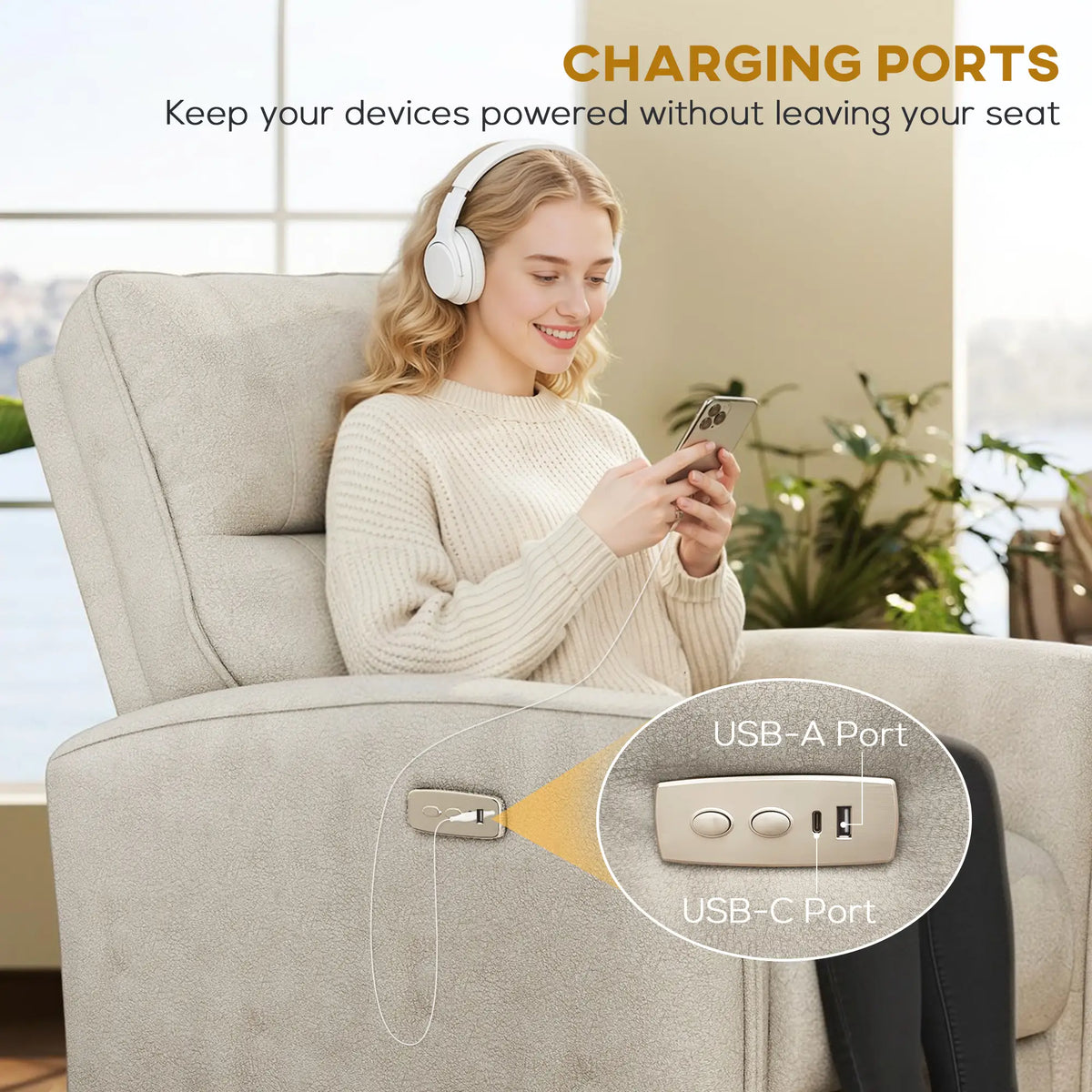 Power Recliner Chair, Fabric Upholstered, USB Ports, Footrest, Beige Sofas & Reclining Chairs at Gallery Canada