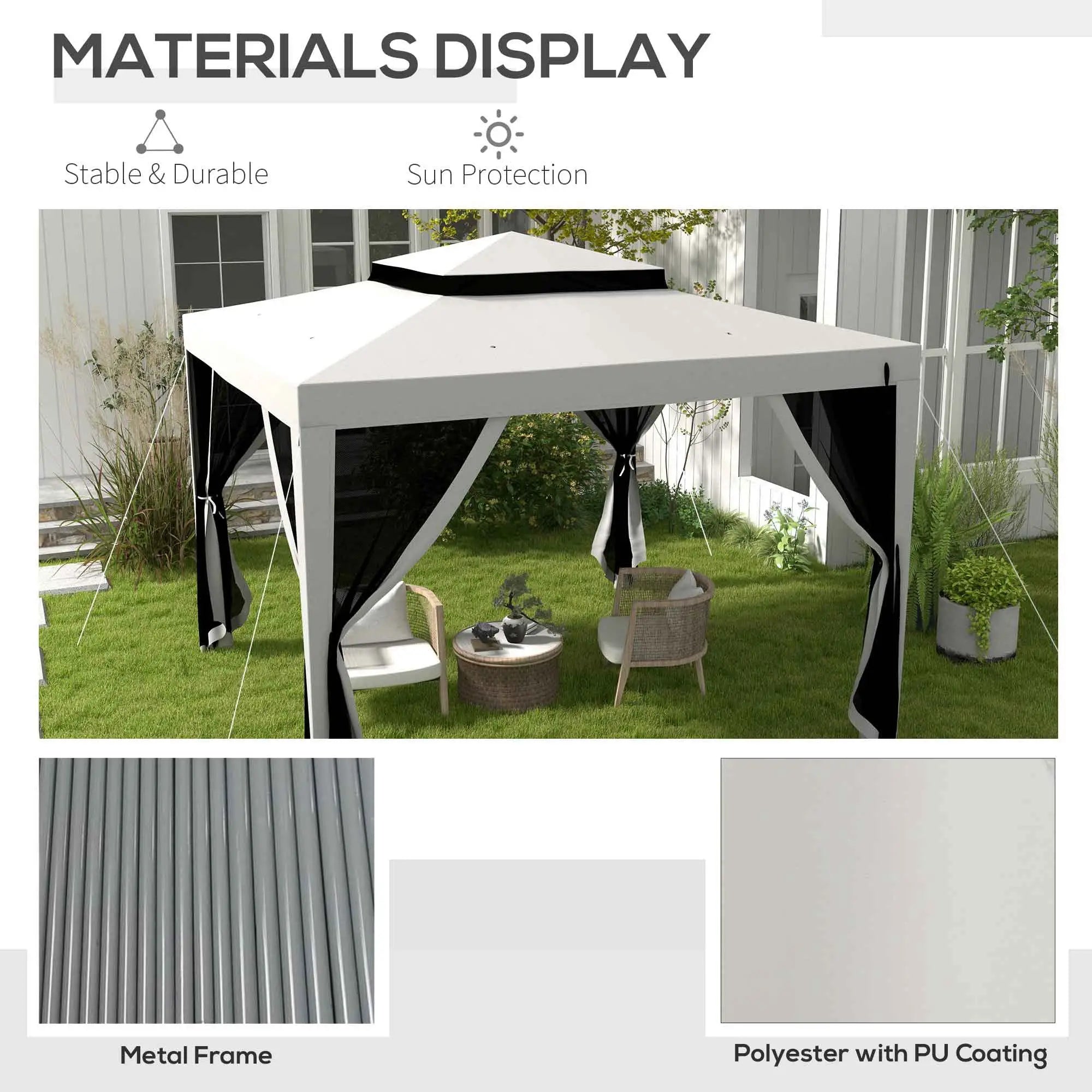 10' x 10' Outdoor Canopy Tent, Mesh Netting, Double Tier Roof, Grey Gazebos at Gallery Canada