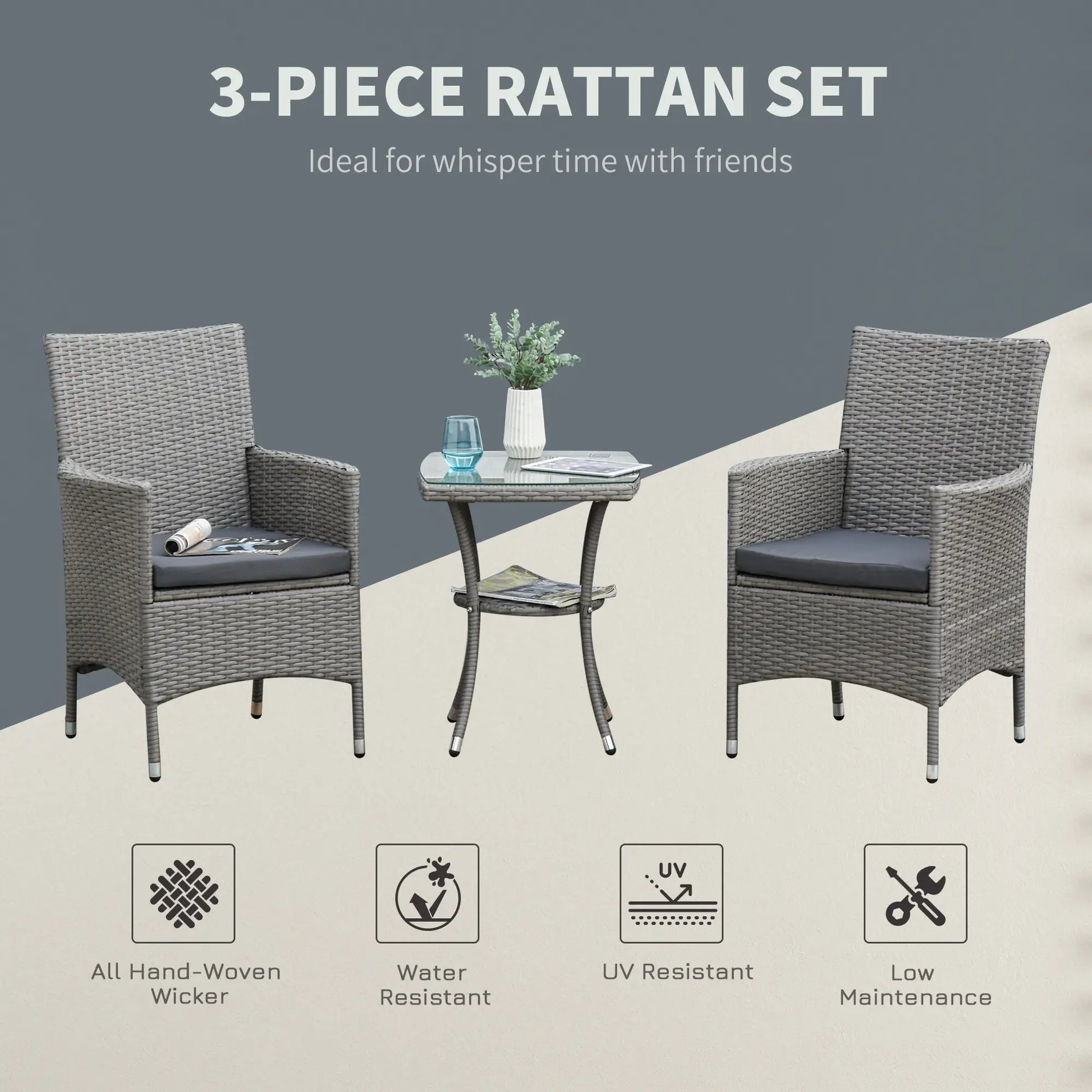 3-Piece Wicker Patio Set, Rattan Bistro with Glass Table, Grey Bistro Sets at Gallery Canada