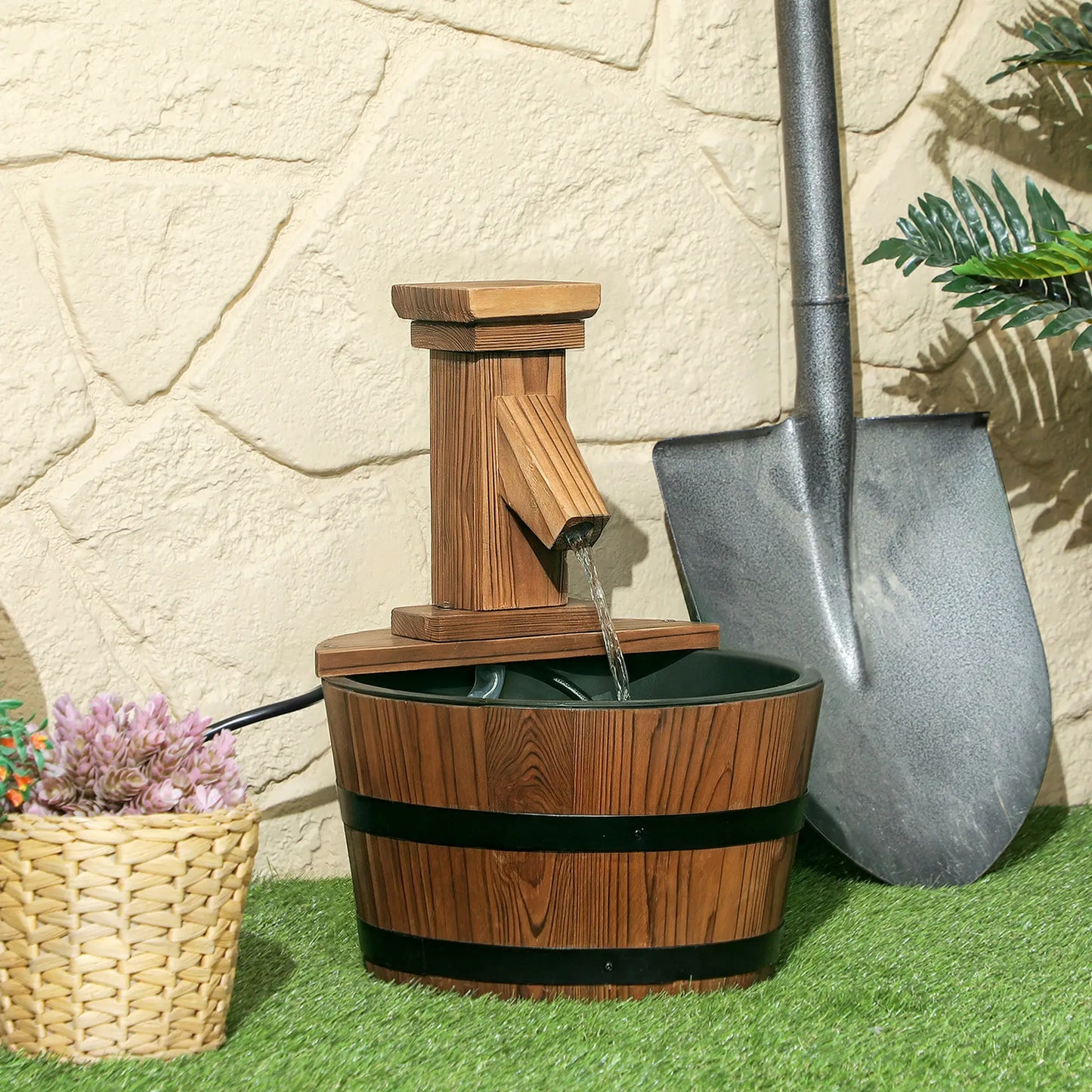 Outdoor Waterfall Fountain, Garden Wood Barrel, Carbonized Water Fountains at Gallery Canada