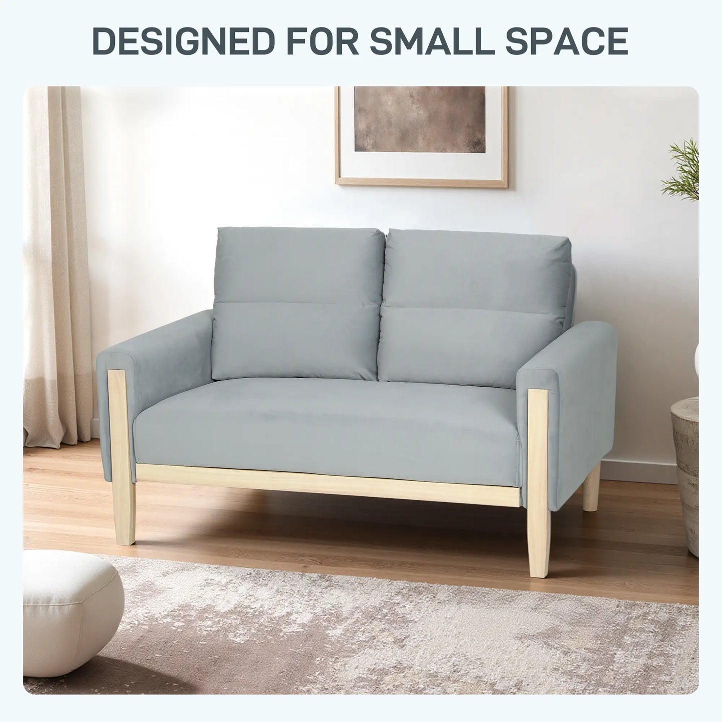 53" Loveseat Sofa, 2 Seater with Wood Legs, Velvet, Grey 2-Seater Sofas at Gallery Canada