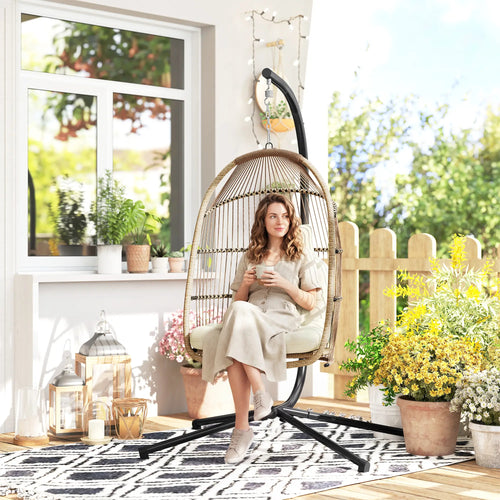 Foldable Wicker Egg Swing Chair, With Stand And UV Cushion, Beige