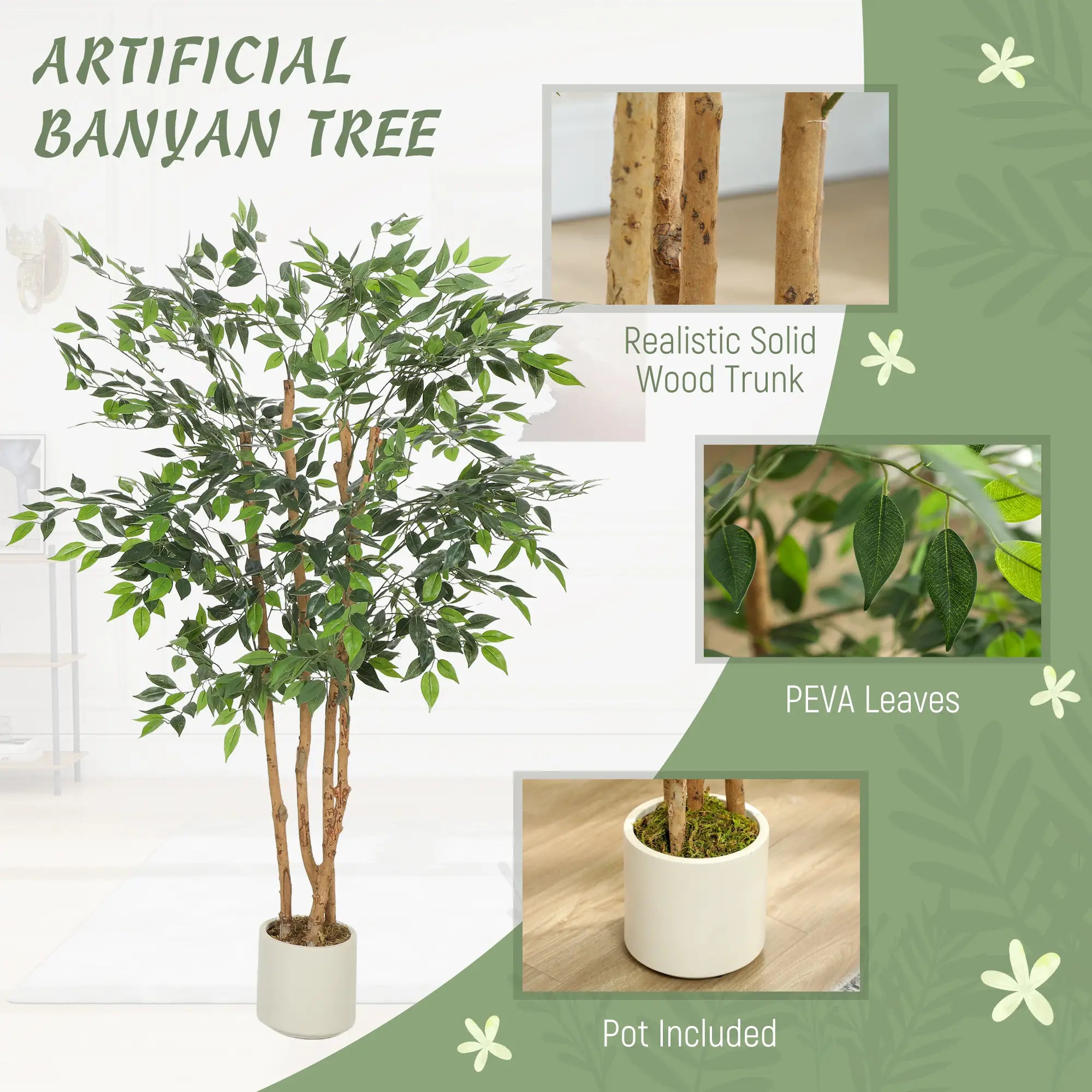 5FT Artificial Banyan Tree Set Of 2, Fake Potted Tree With Solid Wood Trunk Artificial Trees at Gallery Canada