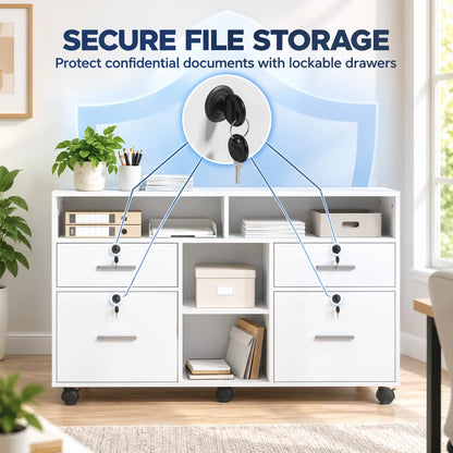 File Cabinet, Locking Drawers, Open Shelves, 5 Casters, White