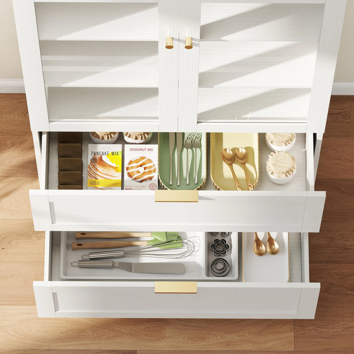 71" Tall White Arched Kitchen Pantry Cabinet, Shelves, 2 Drawers, Acrylic Doors, White Kitchen Pantry Cabinets at Gallery Canada