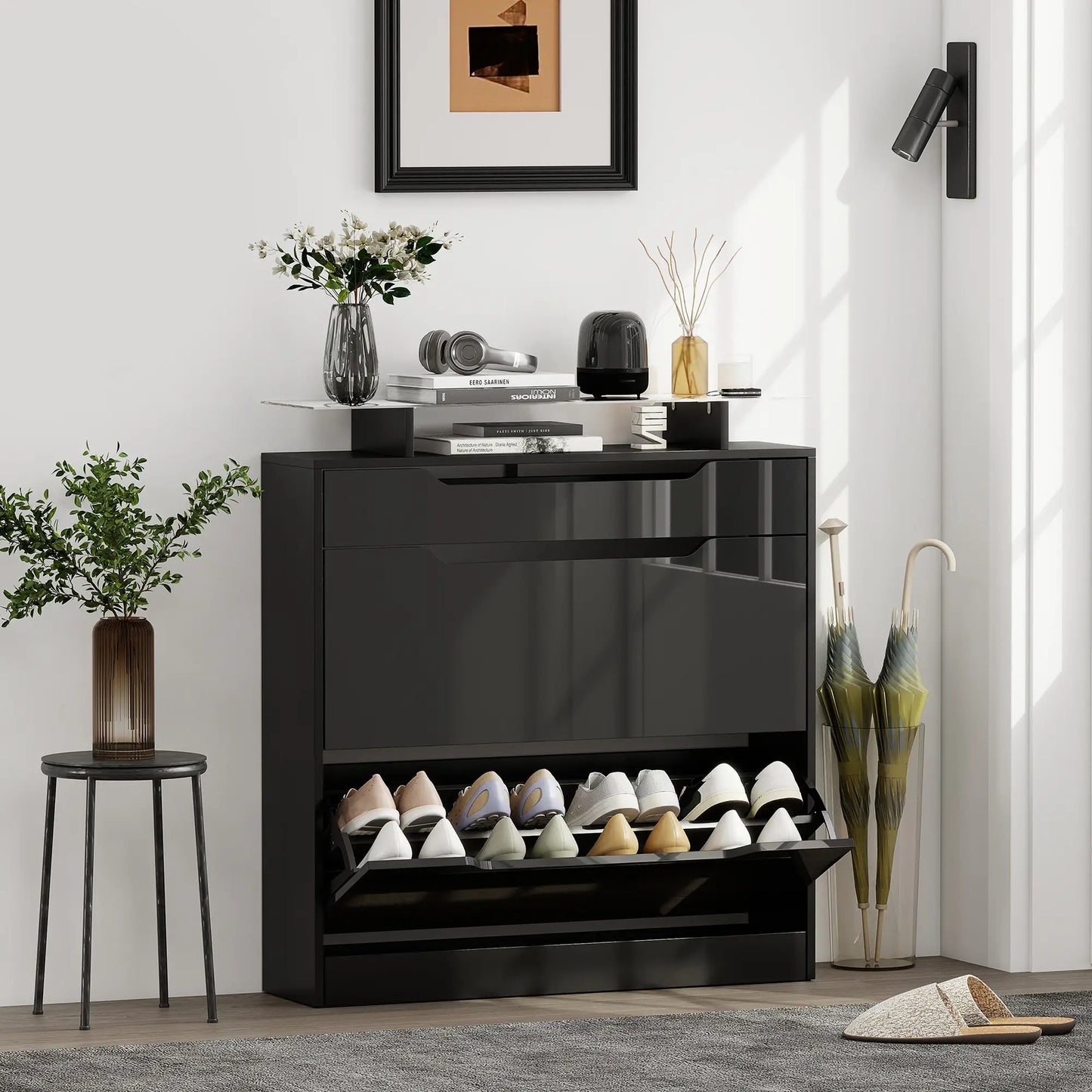 High Gloss Shoe Cabinet, 2 Flip Drawers, Adjustable Shelves, Black, Black Storage Cabinets at Gallery Canada