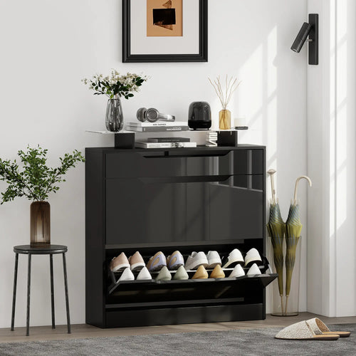 High Gloss Shoe Cabinet, 2 Flip Drawers, Adjustable Shelves, Black, Black