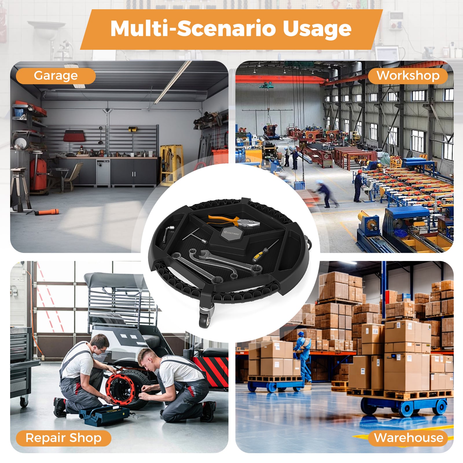 Mobile Automotive Tool Creeper with 3 Swivel Casters and 4 Compartments-BK, Black Garages at Gallery Canada