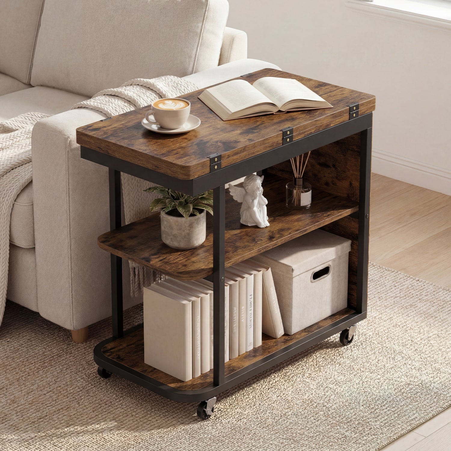 Mobile Night Stand with Foldable Swivel Top and 2-Tier Shelf for Small Spaces, Rustic Brown End & Side Tables at Gallery Canada