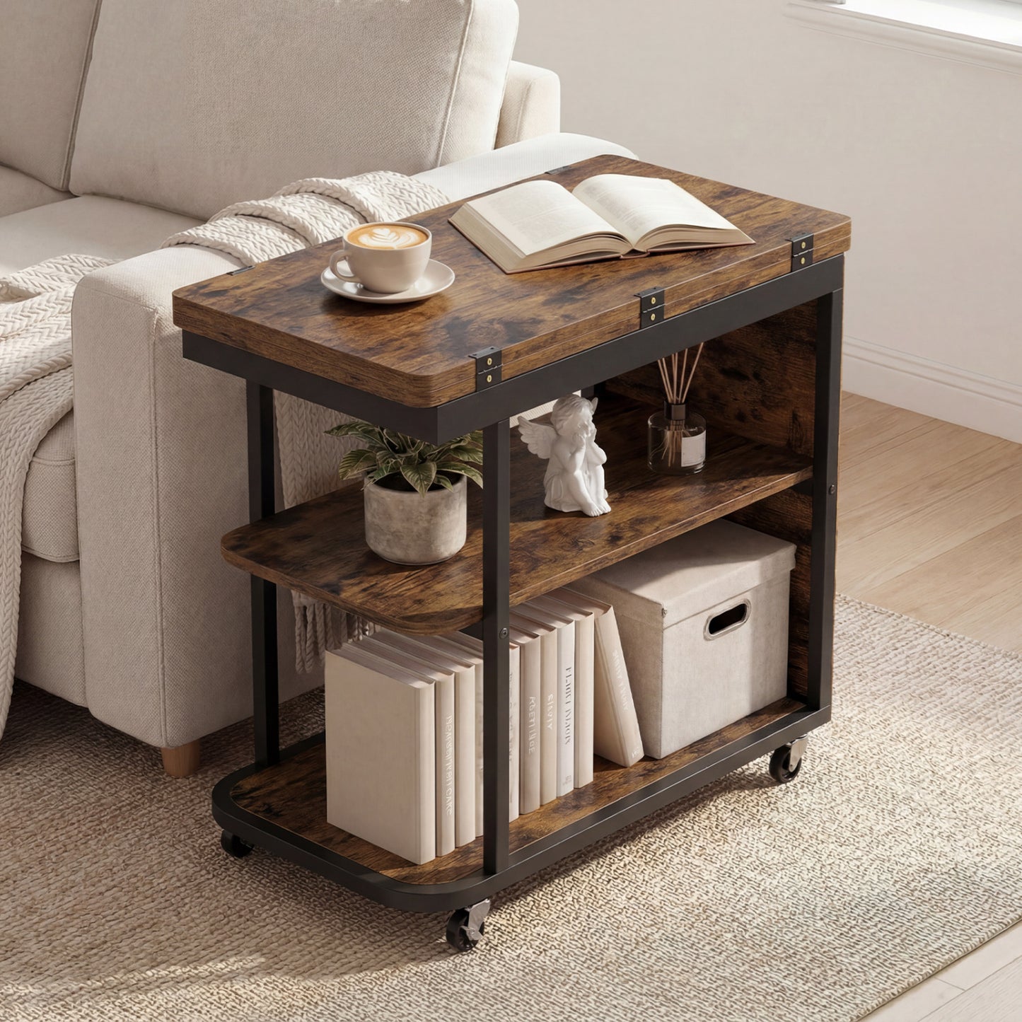Mobile Night Stand with Foldable Swivel Top and 2-Tier Shelf for Small Spaces, Rustic Brown End & Side Tables at Gallery Canada
