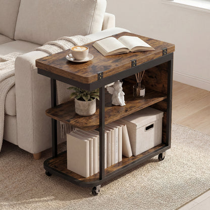 Mobile Night Stand with Foldable Swivel Top and 2-Tier Shelf for Small Spaces, Rustic Brown End & Side Tables at Gallery Canada