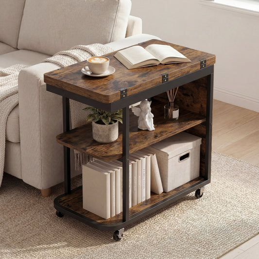 Mobile Night Stand with Foldable Swivel Top and 2-Tier Shelf for Small Spaces, Rustic Brown End & Side Tables Rustic Brown at Gallery Canada