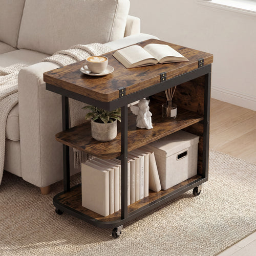 Mobile Night Stand with Foldable Swivel Top and 2-Tier Shelf for Small Spaces, Rustic Brown