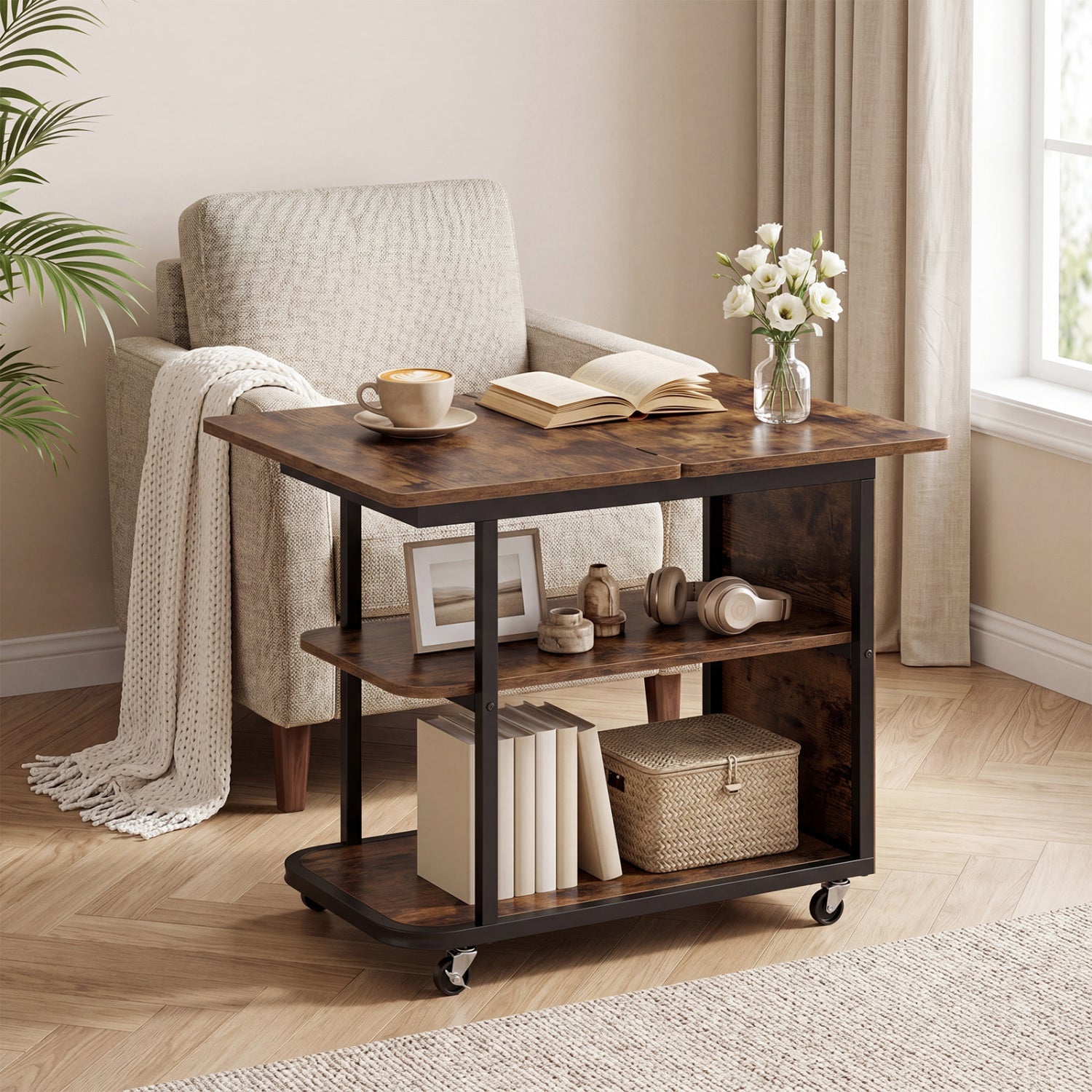 Mobile Night Stand with Foldable Swivel Top and 2-Tier Shelf for Small Spaces, Rustic Brown End & Side Tables at Gallery Canada