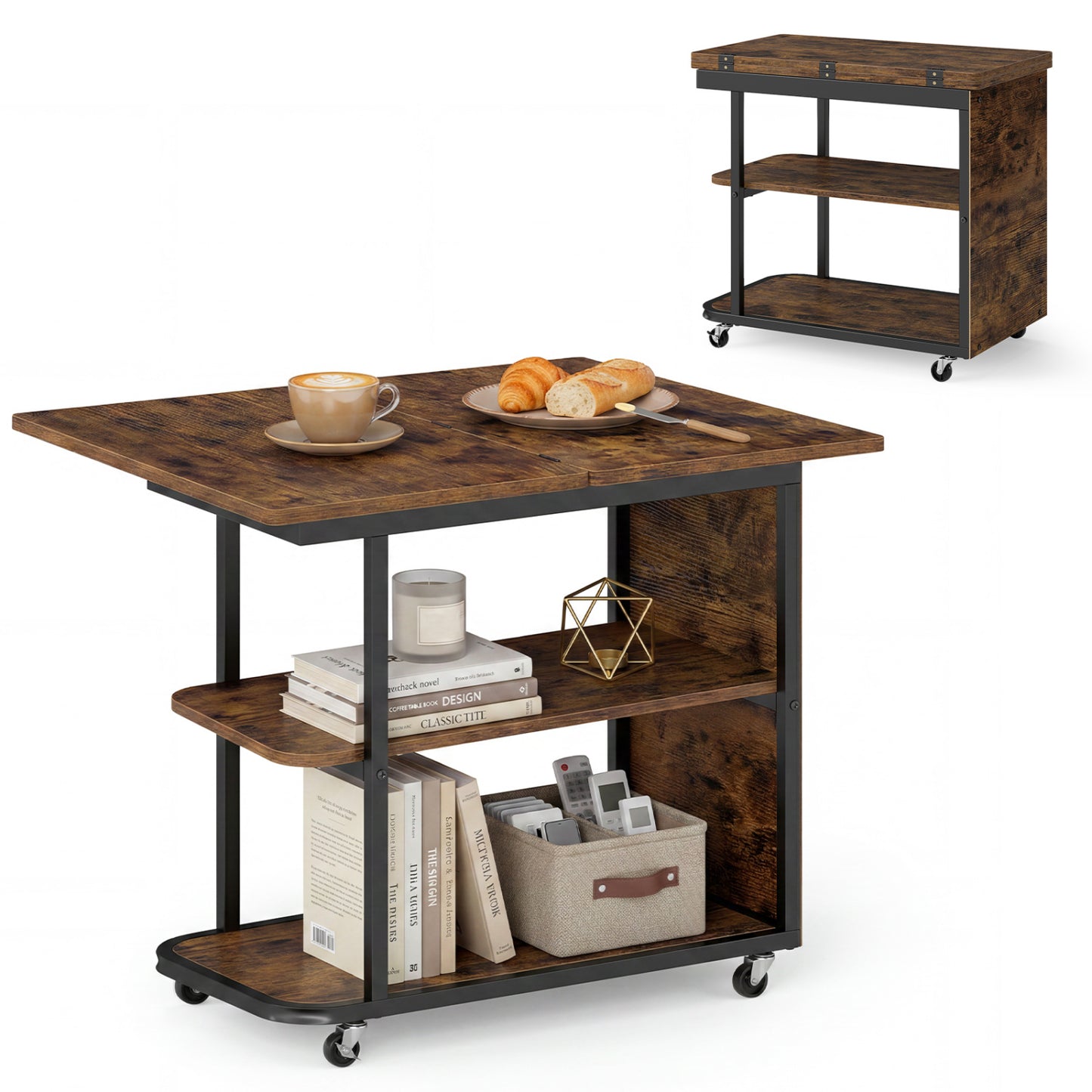 Mobile Night Stand with Foldable Swivel Top and 2-Tier Shelf for Small Spaces, Rustic Brown End & Side Tables at Gallery Canada