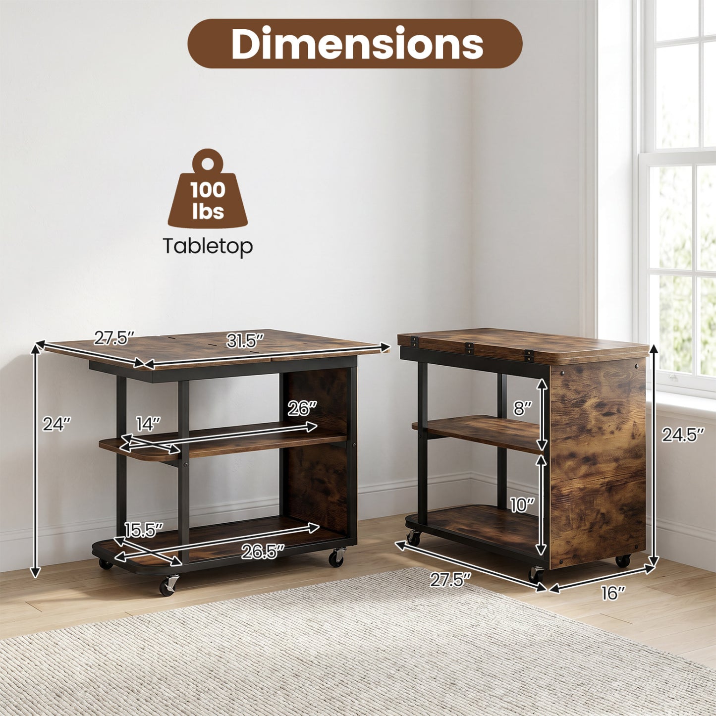 Mobile Night Stand with Foldable Swivel Top and 2-Tier Shelf for Small Spaces, Rustic Brown End & Side Tables at Gallery Canada