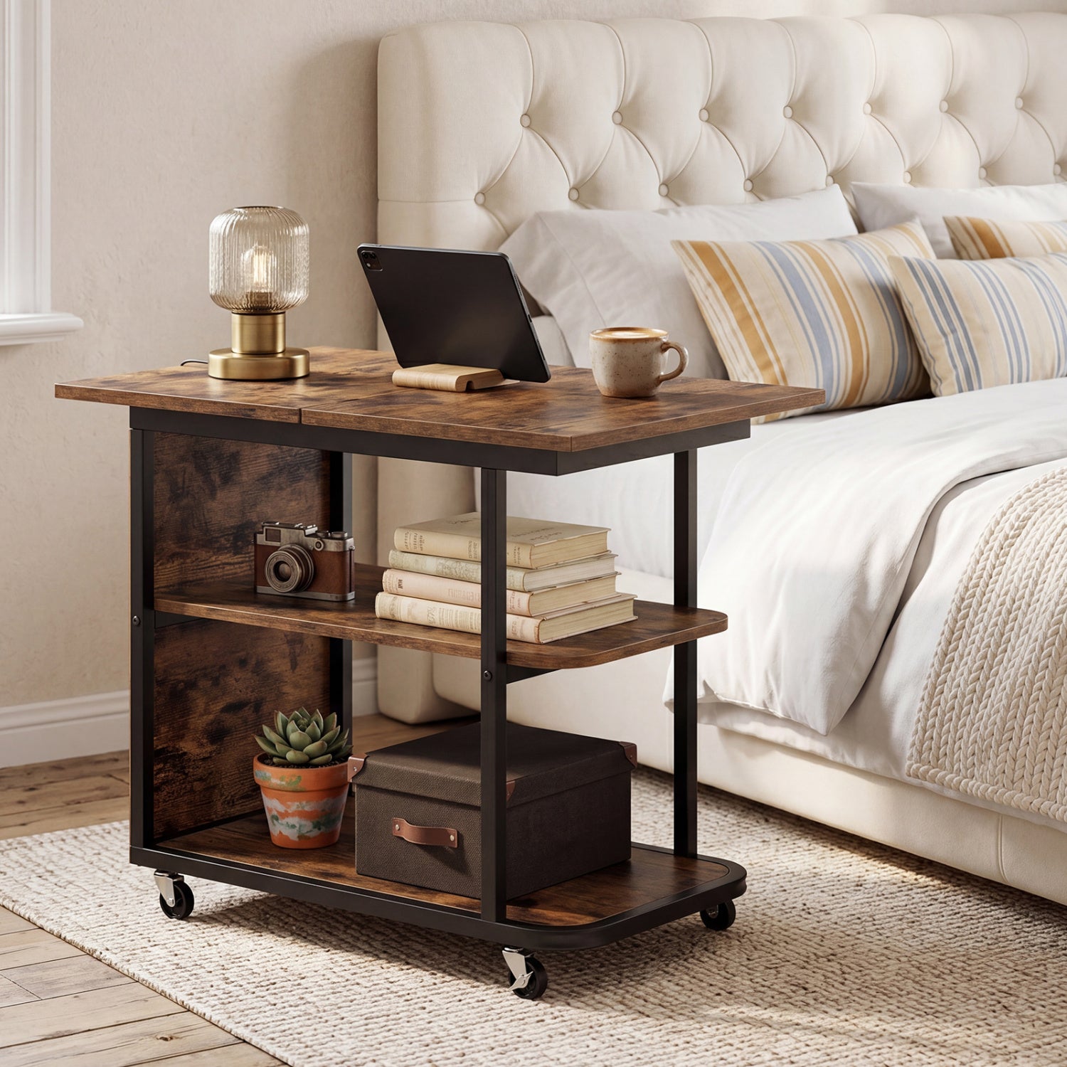 Mobile Night Stand with Foldable Swivel Top and 2-Tier Shelf for Small Spaces, Rustic Brown End & Side Tables at Gallery Canada