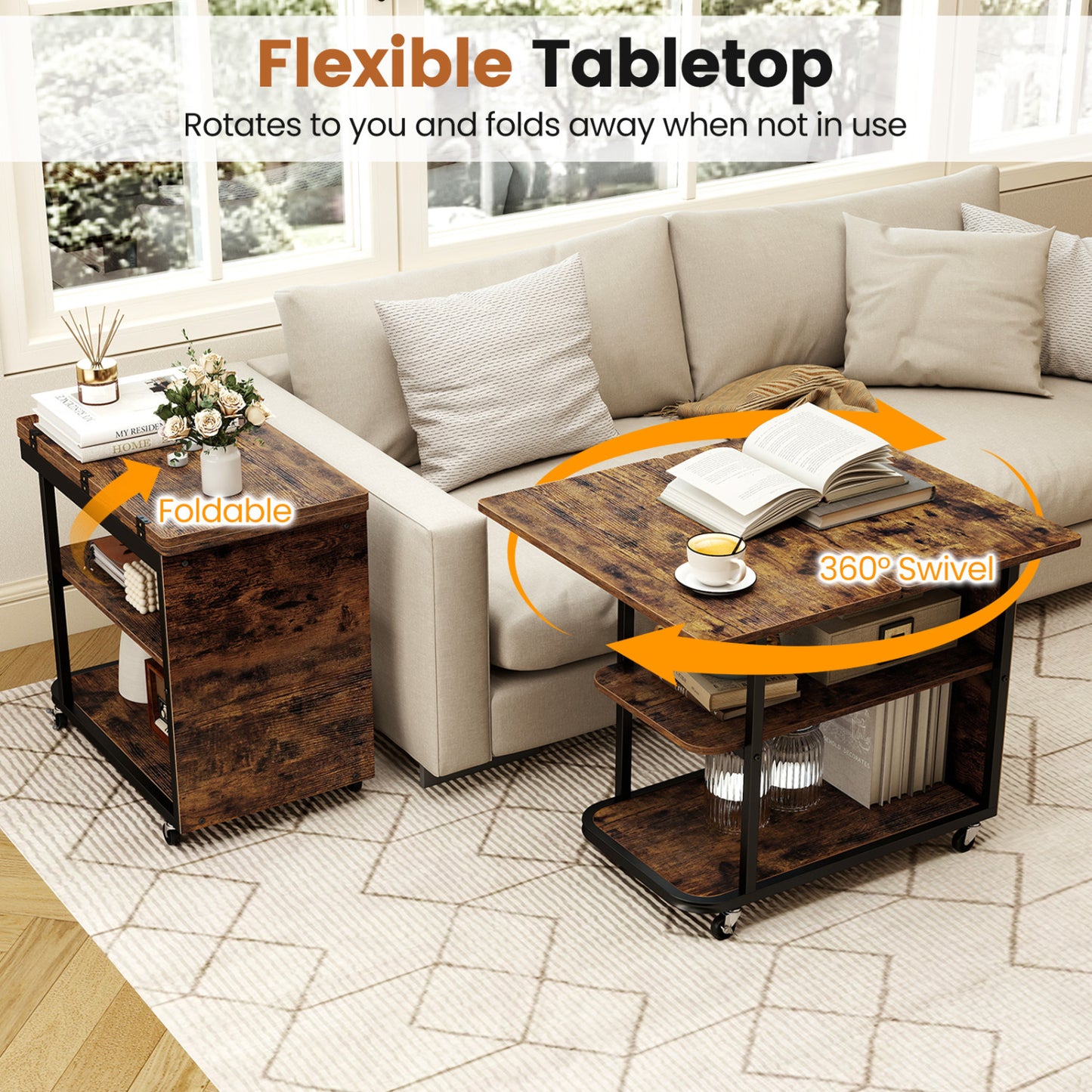 Mobile Night Stand with Foldable Swivel Top and 2-Tier Shelf for Small Spaces, Rustic Brown End & Side Tables at Gallery Canada