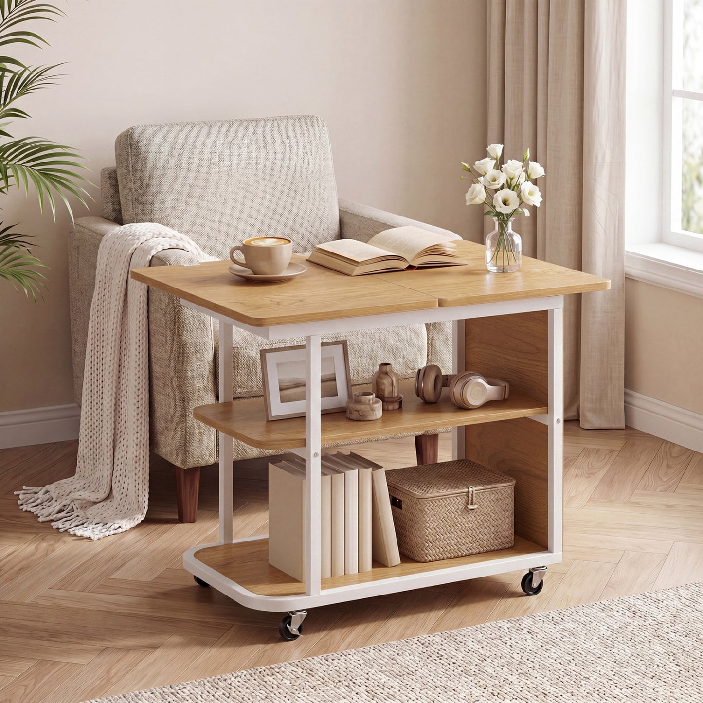 Mobile Night Stand with Foldable Swivel Top and 2-Tier Shelf for Small Spaces, Gray End & Side Tables at Gallery Canada