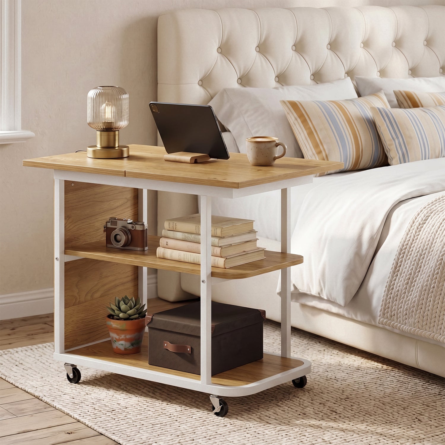 Mobile Night Stand with Foldable Swivel Top and 2-Tier Shelf for Small Spaces, Gray End & Side Tables at Gallery Canada