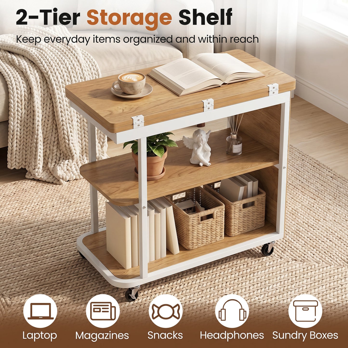Mobile Night Stand with Foldable Swivel Top and 2-Tier Shelf for Small Spaces, Gray End & Side Tables at Gallery Canada